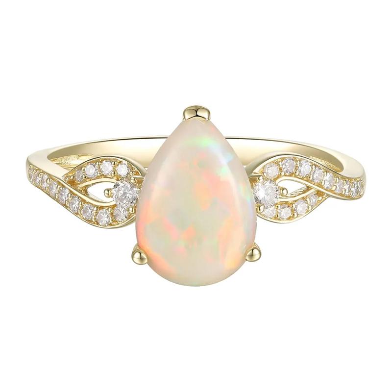 Pear-Shaped Opal Ring with Diamonds in 10K Yellow Gold &#40;1/7 ct. tw.&#41; – Image 1 of 4