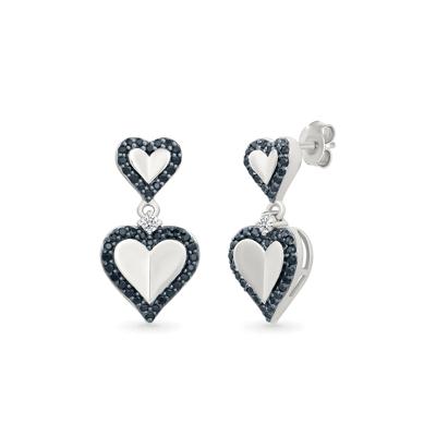 Black and White Diamond Double Heart Dangle Earrings in Sterling Silver (3/8 ct. tw.)