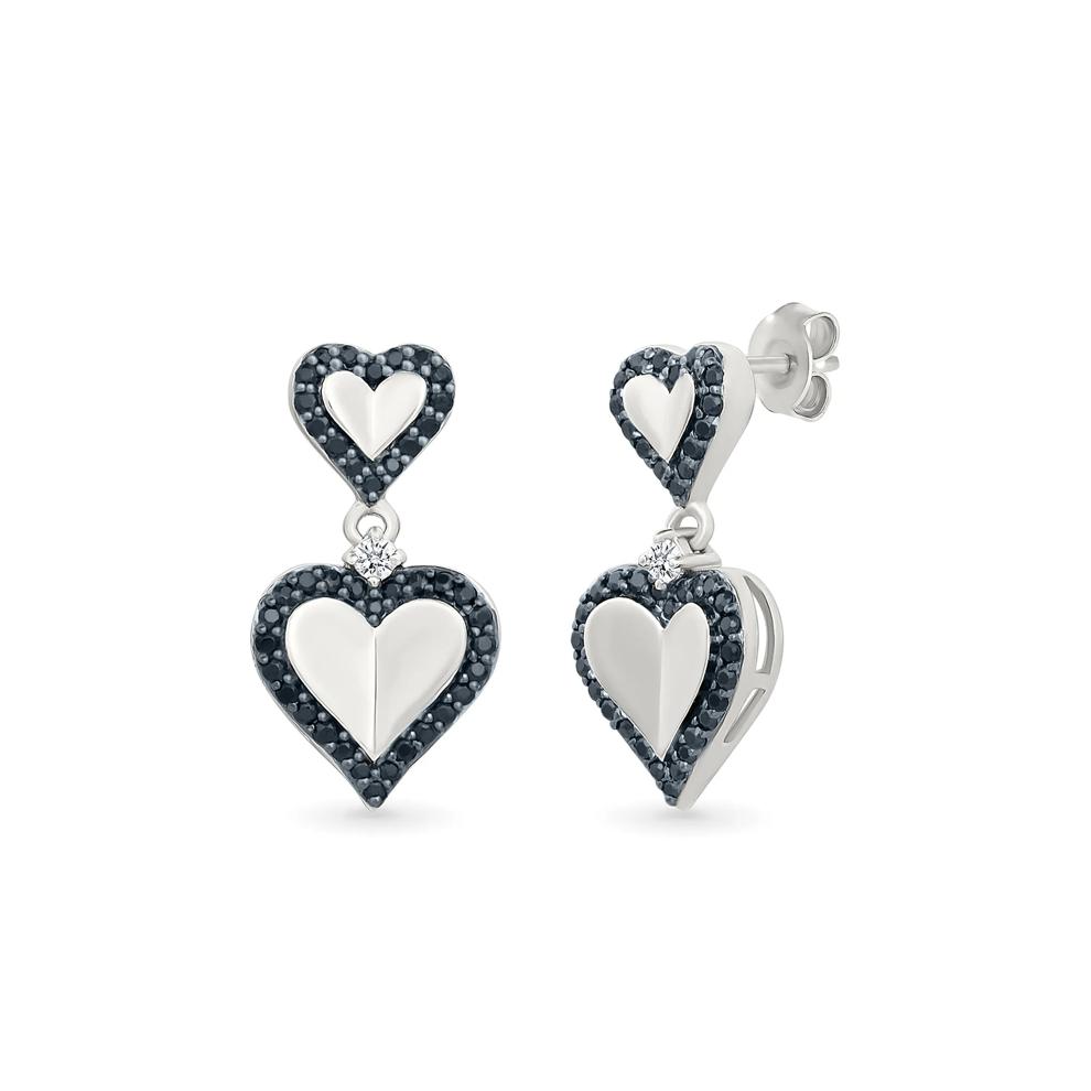 Black and White Diamond Double Heart Dangle Earrings in Sterling Silver (3/8 ct. tw.) – Image 1 of 3