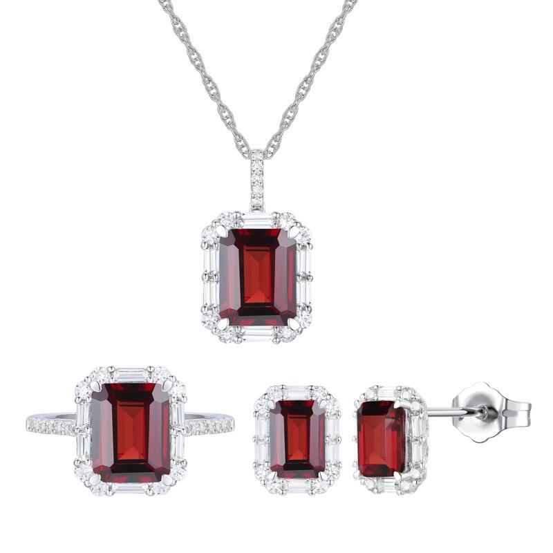 Garnet &amp; Lab-Created White Sapphire Ring, Earring, &amp; Pendant Set in Sterling Silver – Image 1 of 8