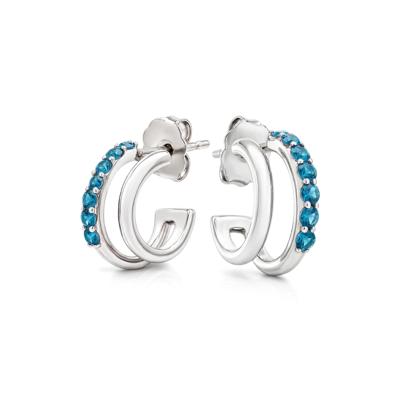 London Blue Topaz Double Row Huggie Hoop Earrings in Sterling Silver