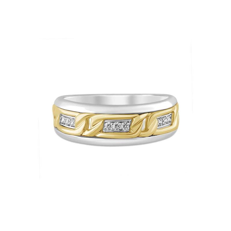 Men&rsquo;s Two-Tone Diamond Ring with Chain Link Design in Sterling Silver &amp; 10K Yellow Gold &#40;1/10 ct. tw.&#41; – Image 1 of 3