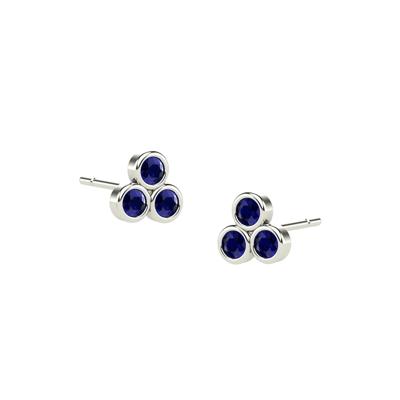 Blue Sapphire Three-Stone Pyramid Stud Earrings in 14K White Gold