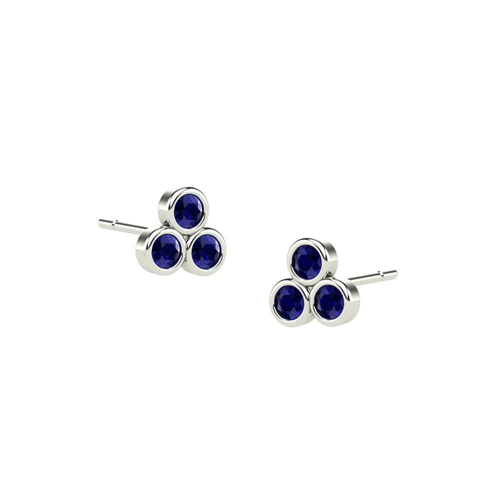Blue Sapphire Three-Stone Pyramid Stud Earrings in 14K White Gold – Image 1 of 2