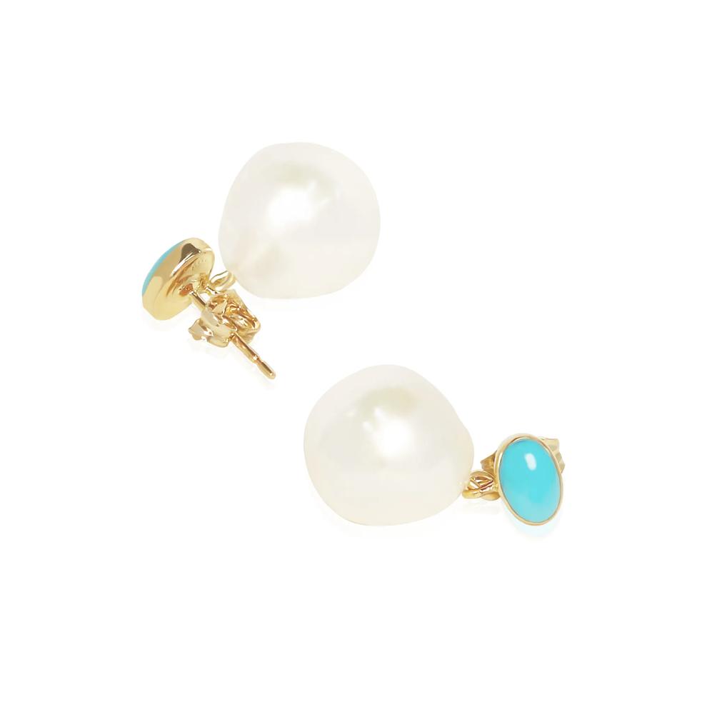 Turquoise &amp; Baroque Freshwater Cultured Pearl Drop Earrings in 14K Yellow Gold – Image 2 of 2