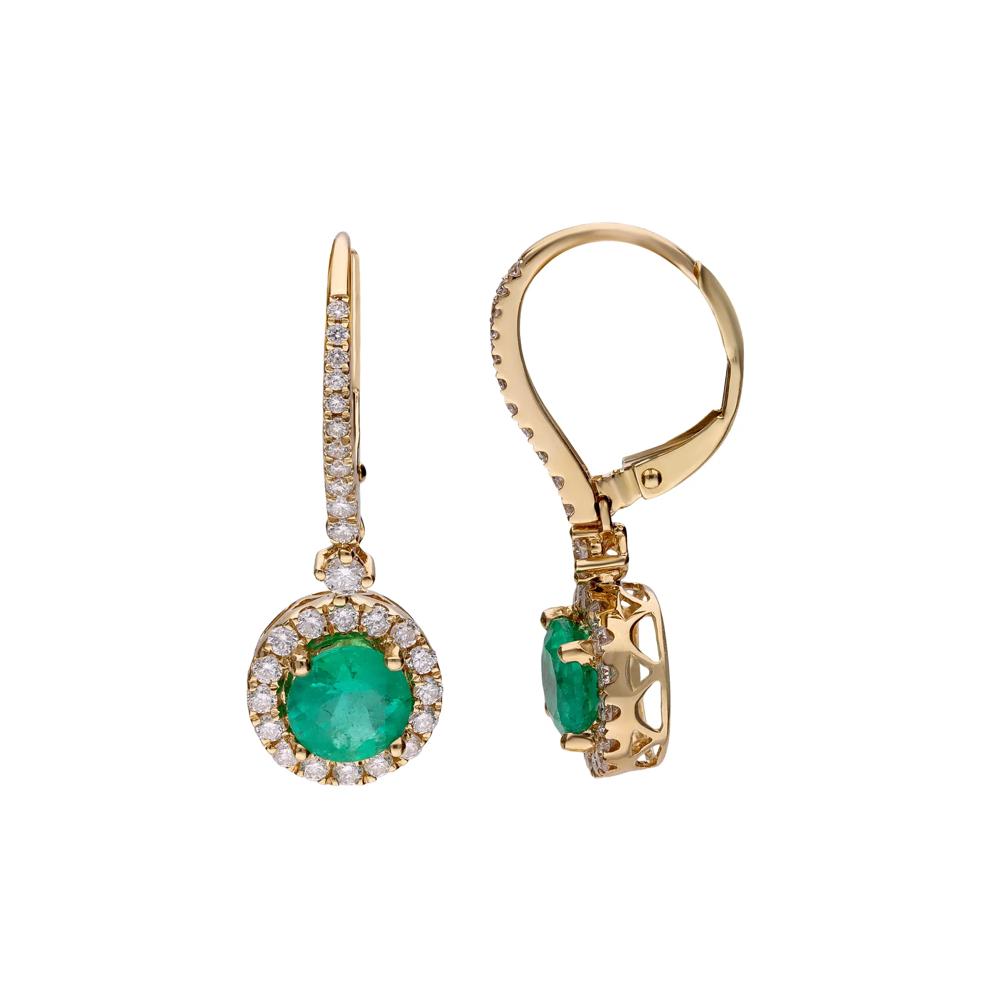 Round Emerald &amp; Diamond Halo Drop Earrings in 18K Yellow Gold (3/4 ct. tw.) – Image 3 of 3