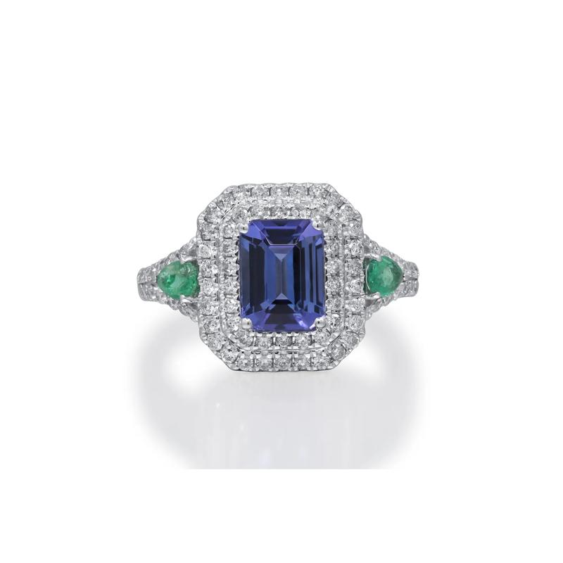 Tanzanite &amp; Emerald Double Halo Ring in 14K White Gold &#40;1/2 ct. tw.&#41; – Image 1 of 5