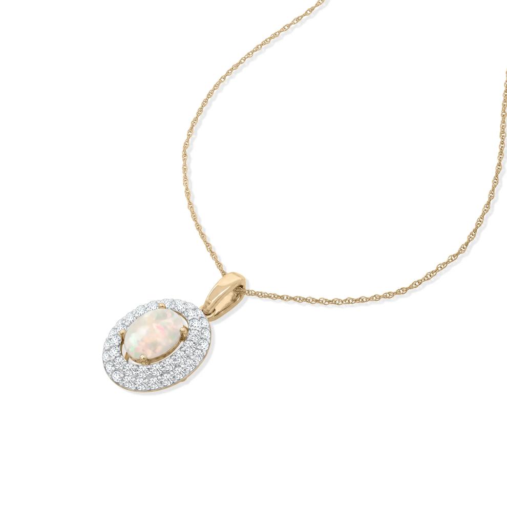 Australian Opal &amp; Diamond Double Halo Pendant Necklace in 10K Yellow Gold (1/2 ct. tw.) – Image 2 of 4