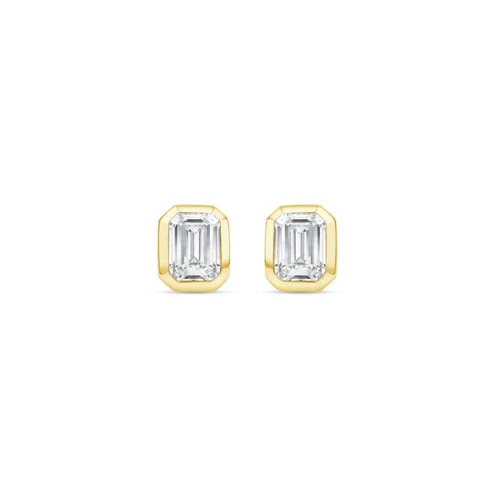 Lab Grown Diamond Emerald-Cut Bezel-Set Solitaire Stud Earrings in 14K Yellow Gold (1/4 ct. tw.) – Image 2 of 3