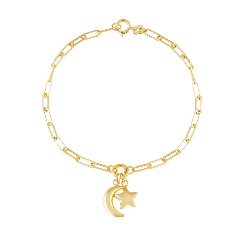 Paperclip Chain Bracelet with Moon &amp; Star Charms in 14K Yellow Gold, 7.5&rdquo; – Image 1 of 1