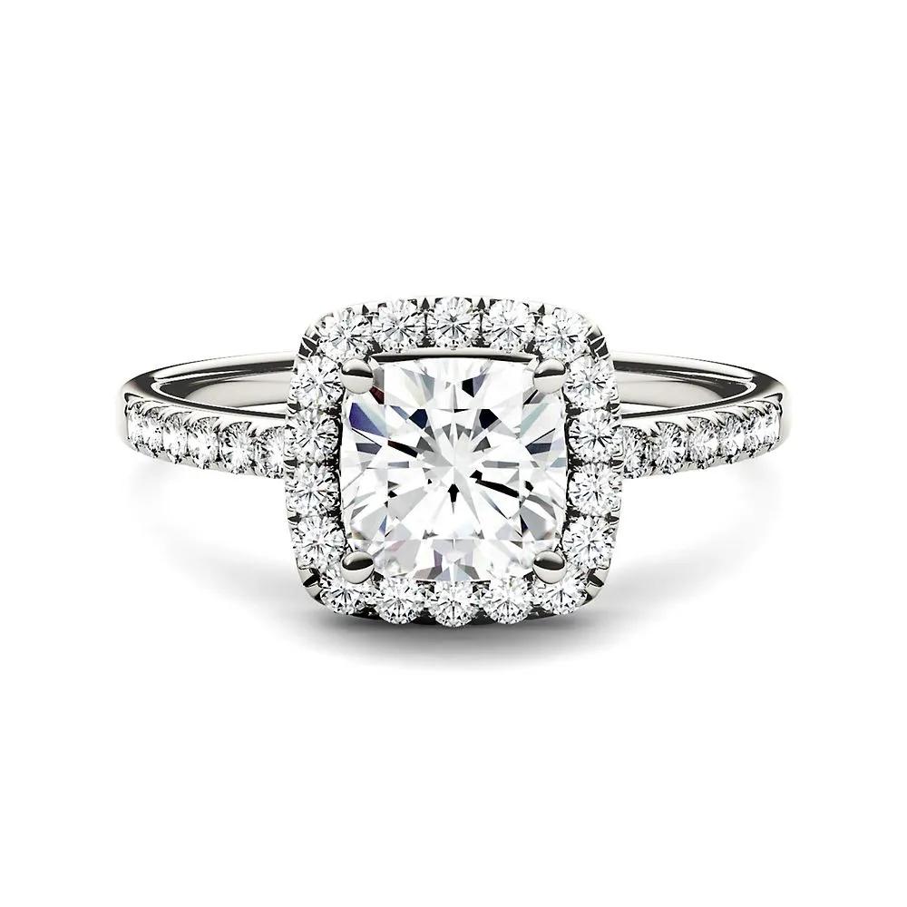 Forever One™ Moissanite Cushion Halo Ring in 14K White Gold