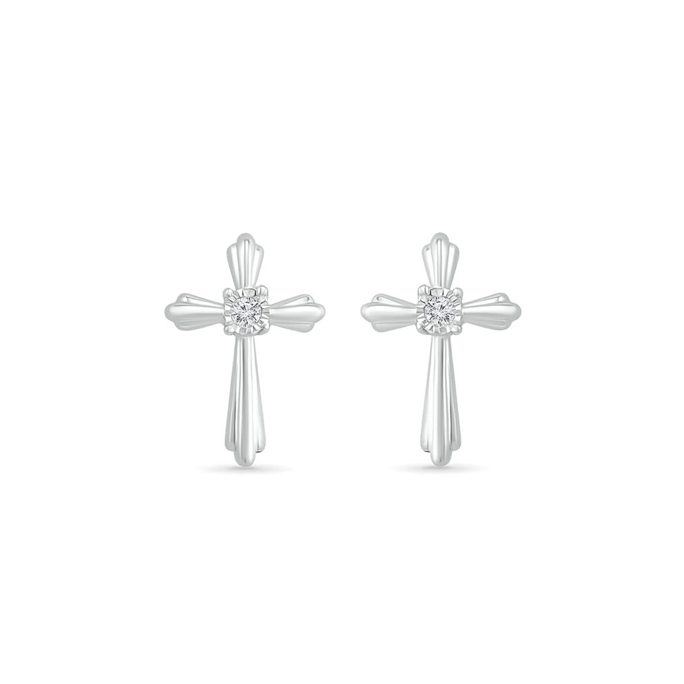 Cross Stud Earrings with Diamond Accents in Sterling Silver – Image 1 of 3