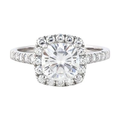Cushion-Cut Moissanite Halo Ring with Pavé Band in 14K White Gold (2 7/8 ct. dew)