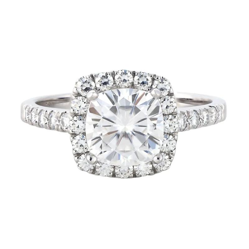 Cushion-Cut Moissanite Halo Ring with Pav&eacute; Band in 14K White Gold &#40;2 7/8 ct. dew&#41; – Image 1 of 3
