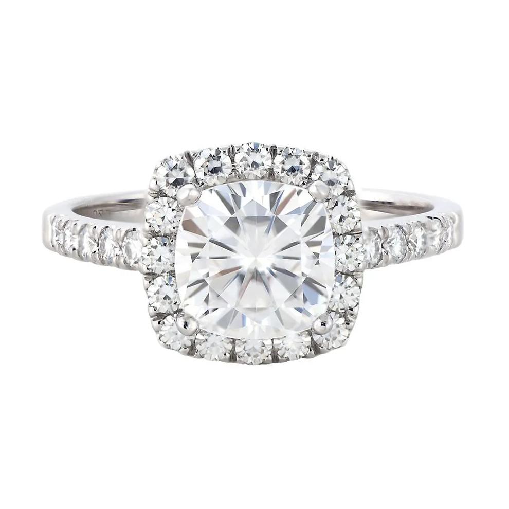 Cushion-Cut Moissanite Halo Ring with Pav&eacute; Band in 14K White Gold (2 7/8 ct. dew) – Image 1 of 3