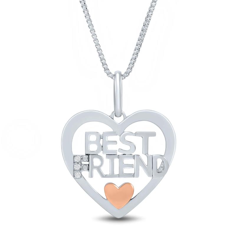Best Friend Heart Pendant with Diamond Accents in Sterling Silver and 14K Rose Gold – Image 1 of 4