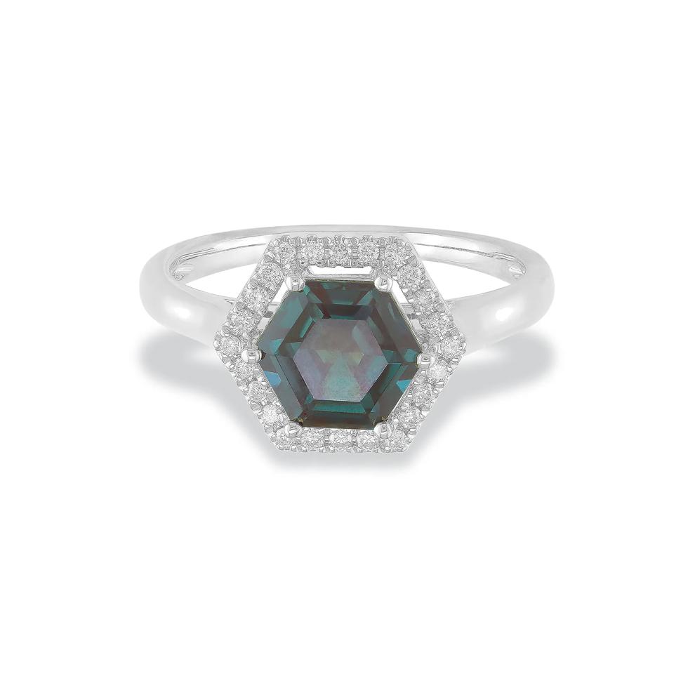Lab-Created Alexandrite &amp; Diamond Halo Ring in 10K White Gold (1/8 ct. tw.) – Image 1 of 3