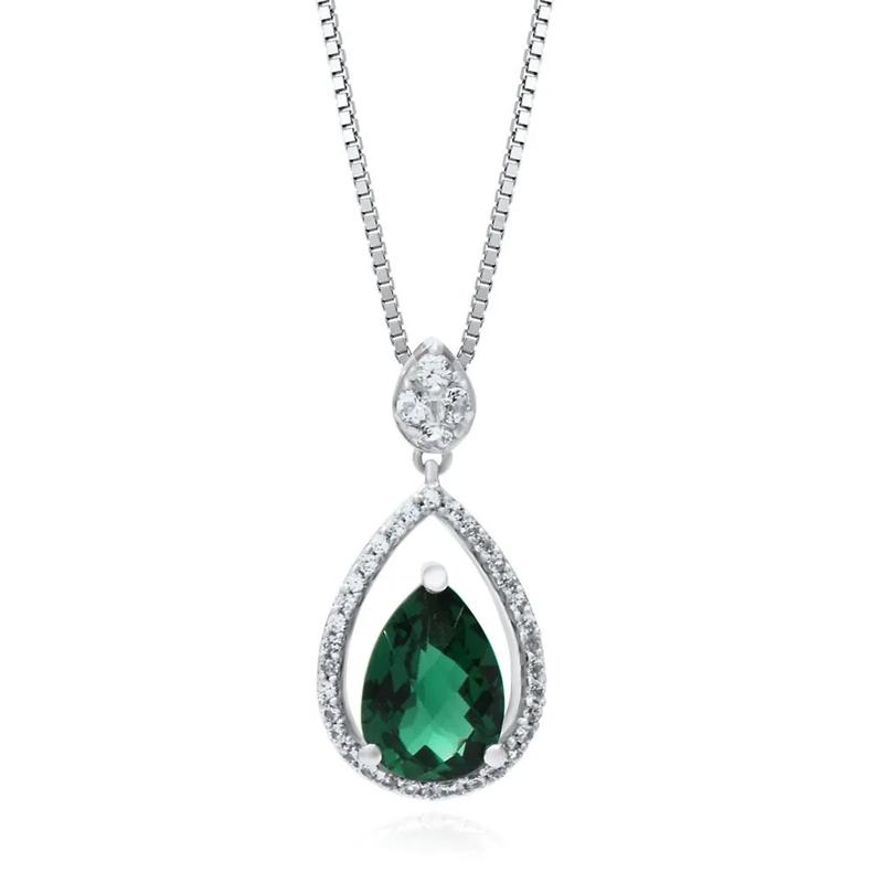 Lab Created Emerald &amp; White Sapphire Teardrop Pendant in Sterling Silver – Image 1 of 1