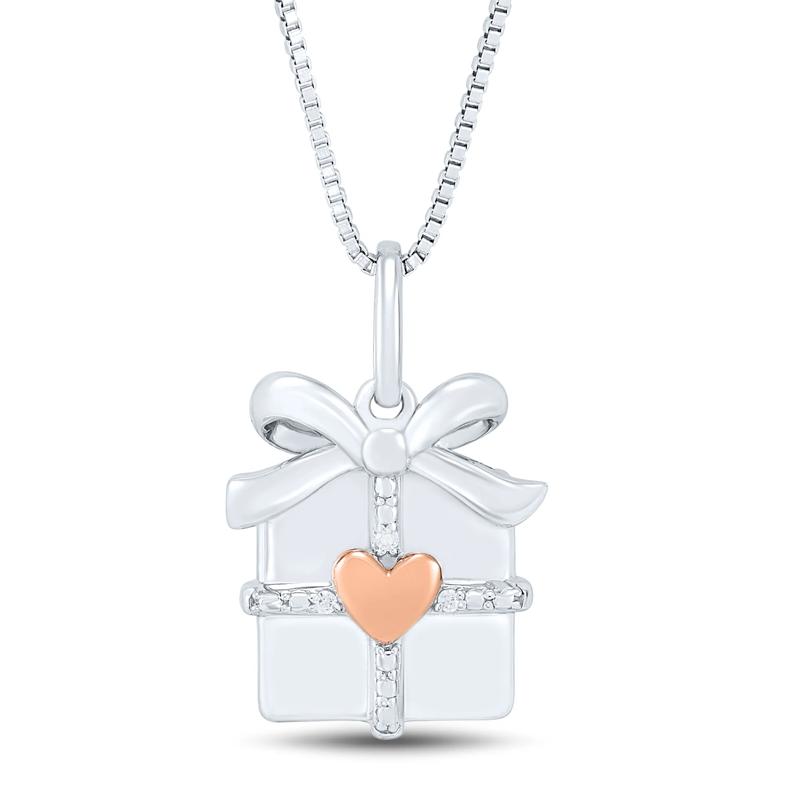 Gift Box Pendant with Diamond Accents in Sterling Silver and 14K Rose Gold – Image 1 of 4