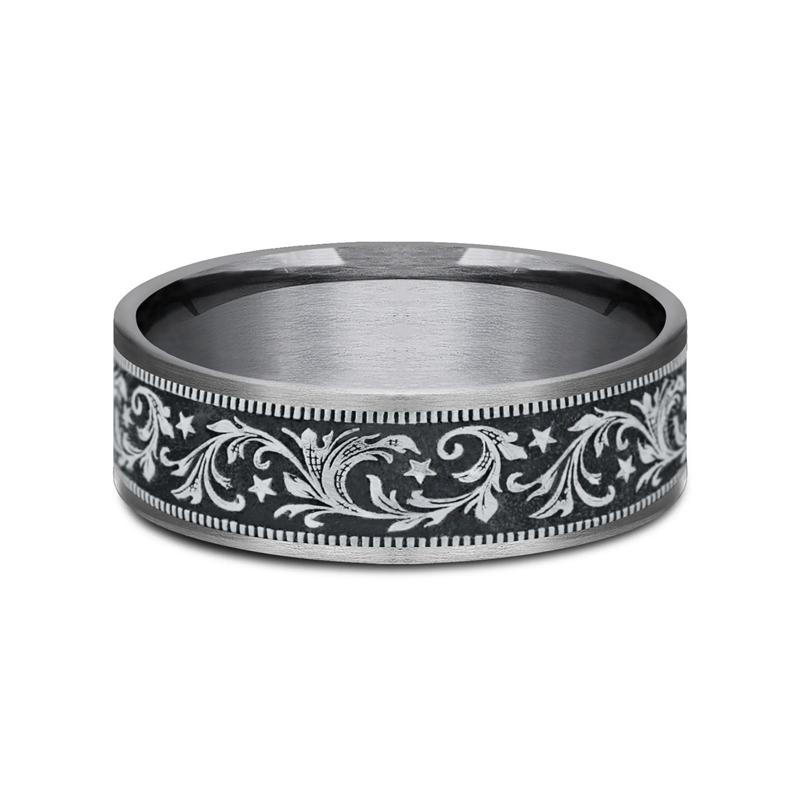 Men&rsquo;s Barrel Script &amp; Stars Wedding Band in 14K Gold &amp; Tantalum, 7.5MM  – Image 1 of 3