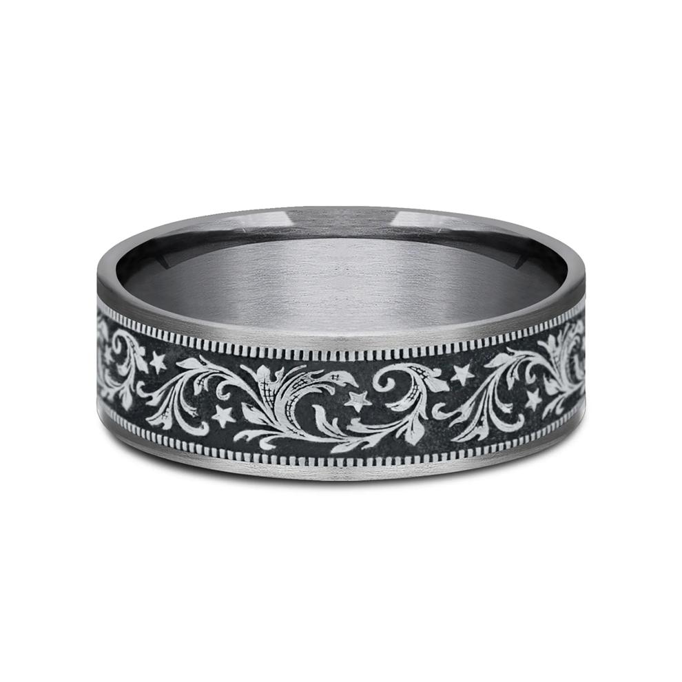 Men&rsquo;s Barrel Script &amp; Stars Wedding Band in 14K Gold &amp; Tantalum, 7.5MM  – Image 1 of 3