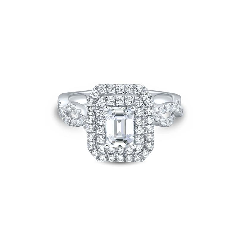 Lab Grown Diamond Emerald-Cut Halo Engagement Ring in 14K White Gold &#40;1 1/2 ct. tw.&#41; – Image 1 of 3
