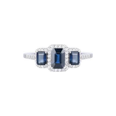 Blue Sapphire and Diamond Three-Stone Ring in 10K White Gold (1/4 ct. tw.)