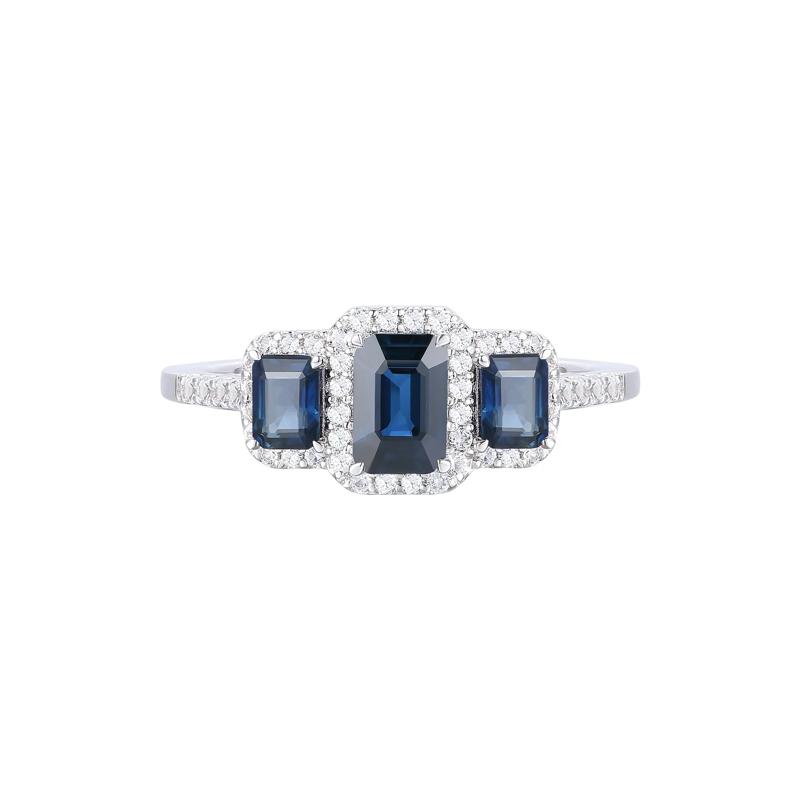 Blue Sapphire and Diamond Three-Stone Ring in 10K White Gold &#40;1/4 ct. tw.&#41; – Image 1 of 3