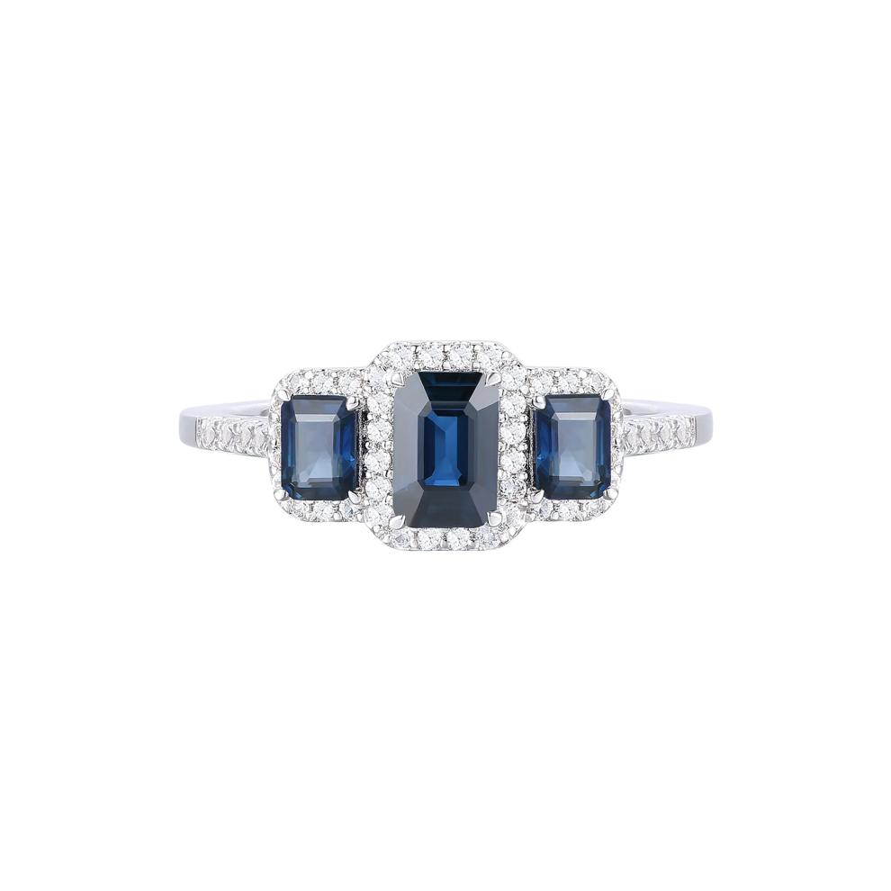 Blue Sapphire and Diamond Three-Stone Ring in 10K White Gold (1/4 ct. tw.) – Image 1 of 3