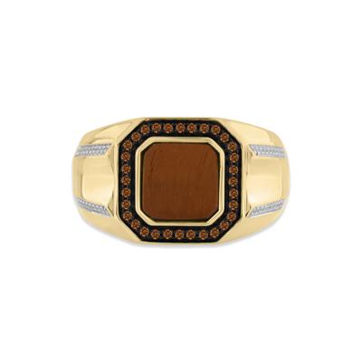 Men's Tiger's Eye & Brown Diamond Ring in 10K Yellow Gold (1/3 ct. tw.)