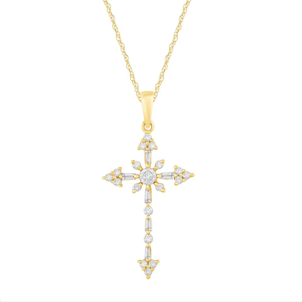 Round and Baguette Diamond Cross Pendant in 10K Yellow Gold (1/4 ct. tw.) – Image 1 of 3