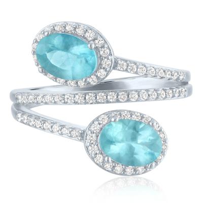 Emerald-Cut Apatites & Diamond Halo Bypass Ring in Sterling Silver (1/3 ct. tw.)