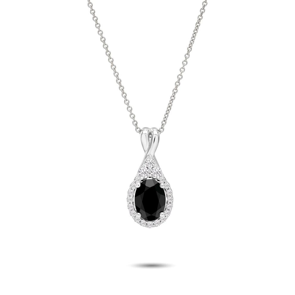Onyx &amp; Lab-Created White Sapphire Halo Pendant in Sterling Silver – Image 1 of 4