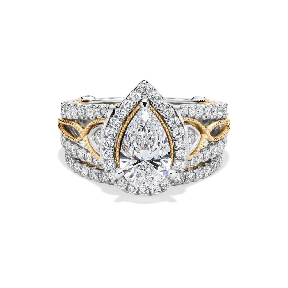 Aria Lab Grown Diamond Pear-Shaped Halo Bridal Set in 14K White &amp; Yellow Gold (2 5/8 ct. tw.) – Image 1 of 7