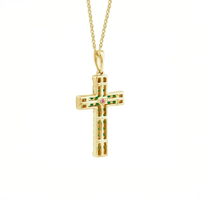 Emerald and Diamond Accent Cross Pendant in 10K Yellow Gold – Image 4 of 4