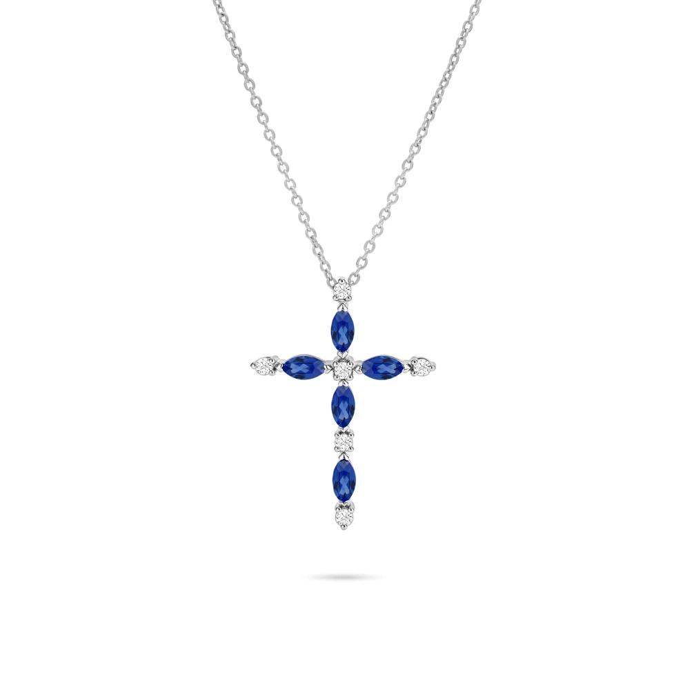 Blue Sapphire &amp; Diamond Cross Pendant in Sterling Silver (1/5 ct. tw.) – Image 1 of 4