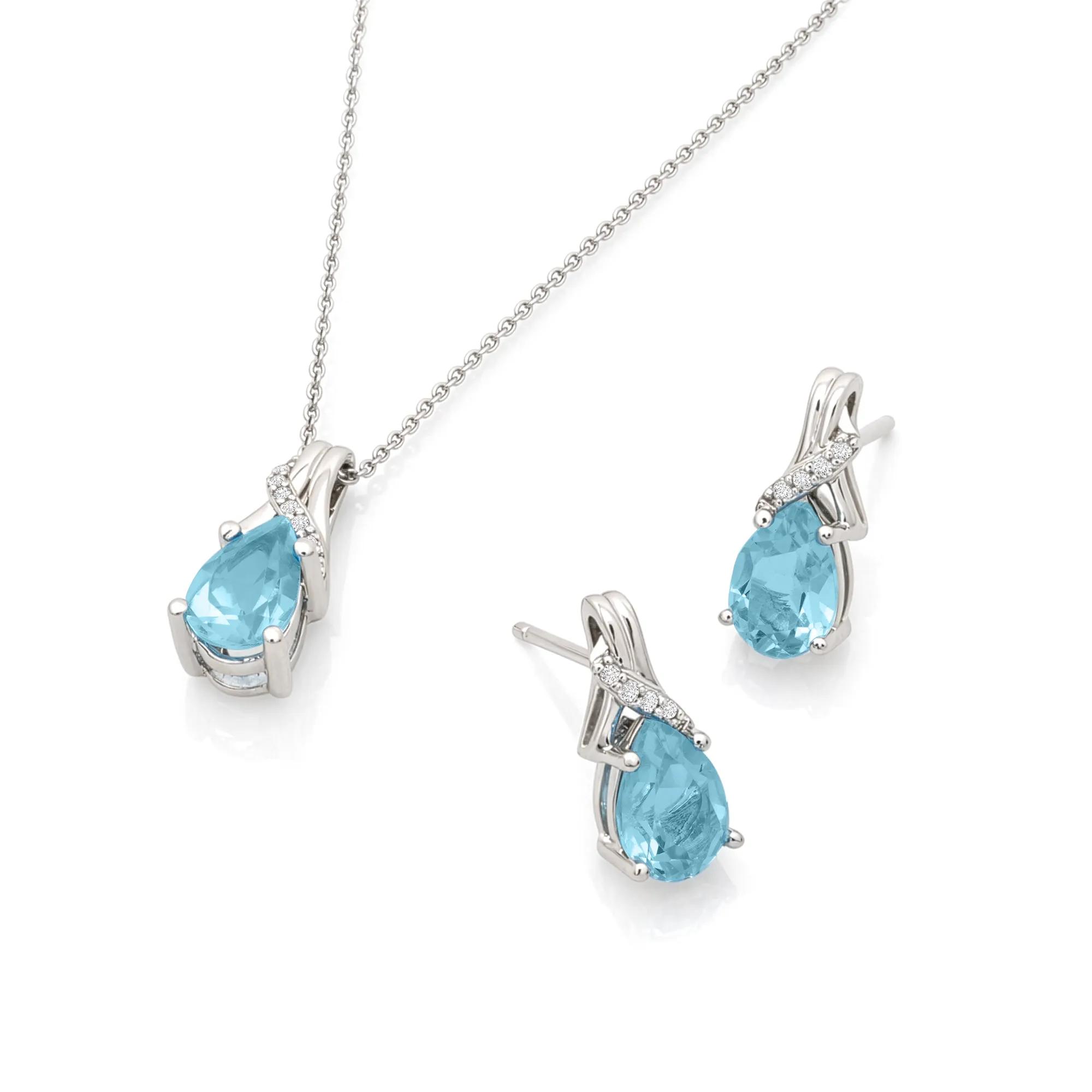 Blue Topaz & Diamond Pendant & Earrings Boxed Set in Sterling Silver