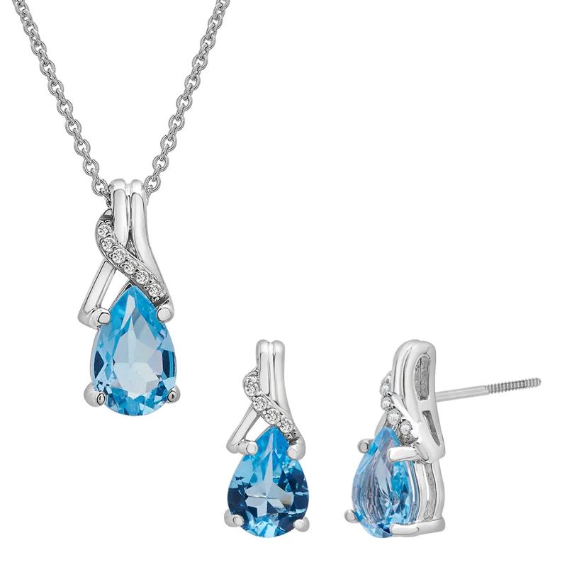 Blue Topaz &amp; Diamond Pendant &amp; Earrings Boxed Set in Sterling Silver – Image 1 of 7