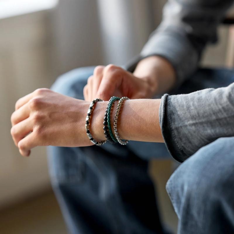 Men&#39;s Green Woven Leather Bracelet with Stainless Steel – Image 4 of 5