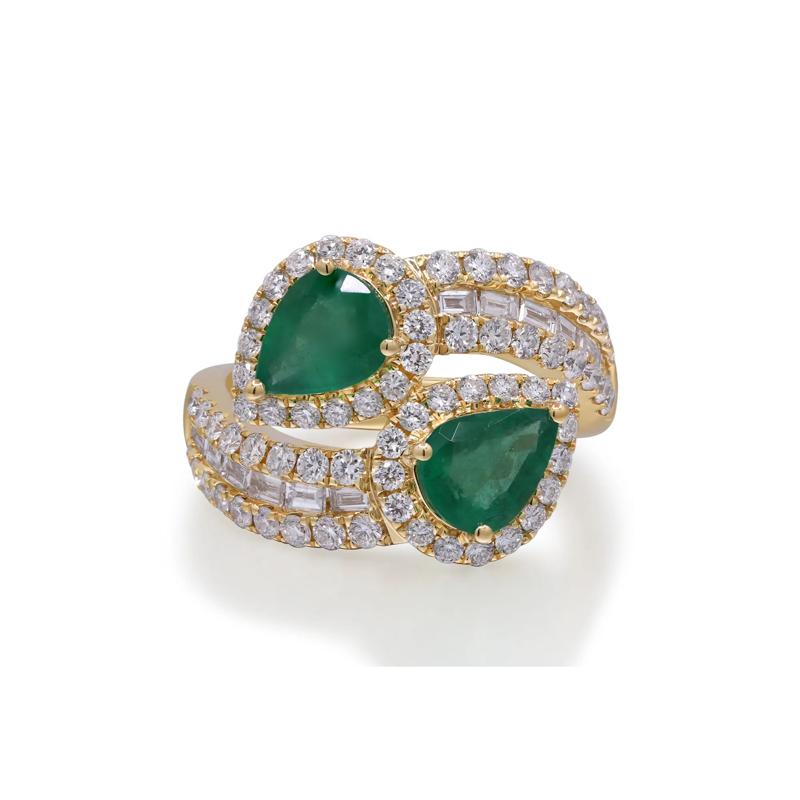 Pear-Shaped Emerald and Diamond Bypass Ring in 14K Yellow Gold &#40;1 1/2 ct. tw.&#41; – Image 1 of 4