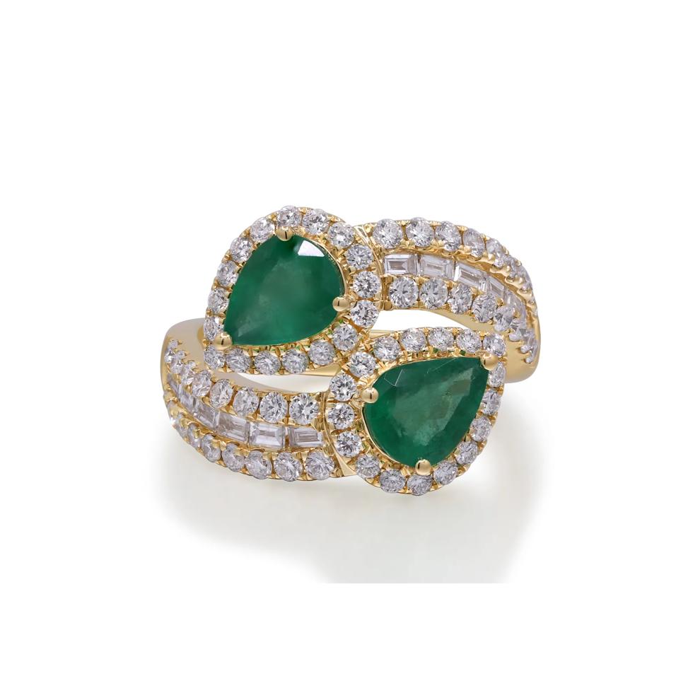 Pear-Shaped Emerald and Diamond Bypass Ring in 14K Yellow Gold (1 1/2 ct. tw.) – Image 1 of 4