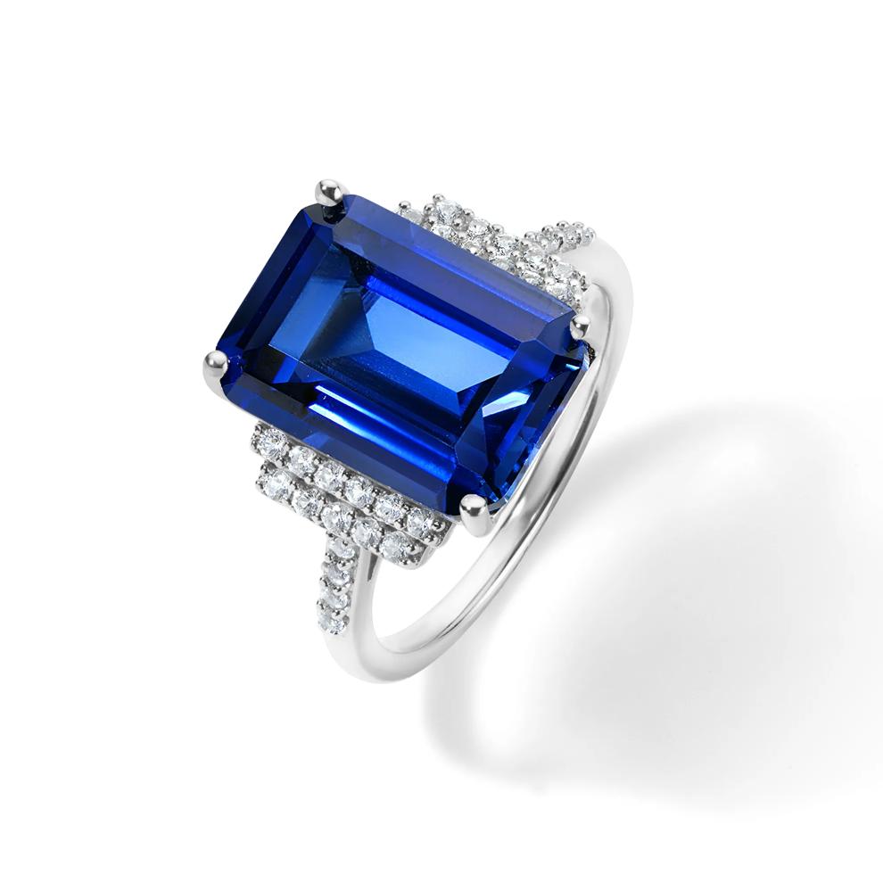 Lab-Created Blue Sapphire &amp; Lab-Created White Sapphire Cocktail Ring in Sterling Silver – Image 4 of 4