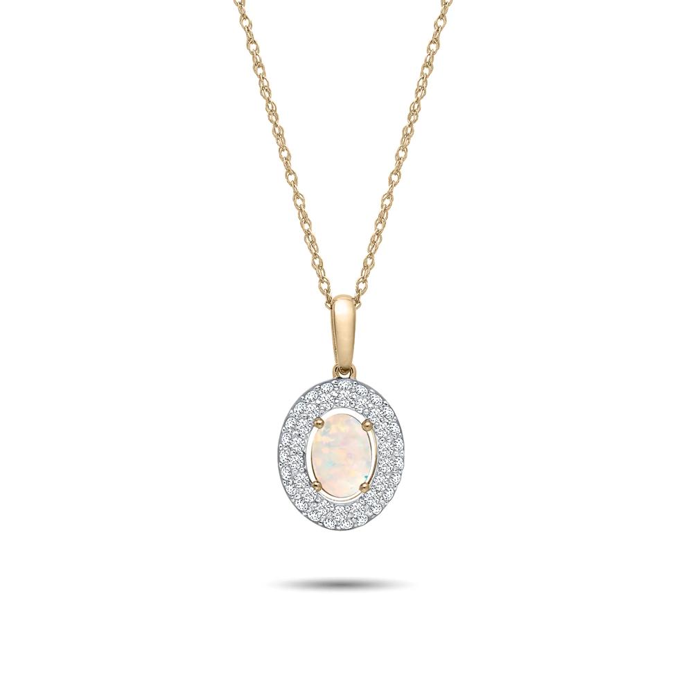 Australian Opal &amp; Diamond Double Halo Pendant Necklace in 10K Yellow Gold (1/2 ct. tw.) – Image 1 of 4