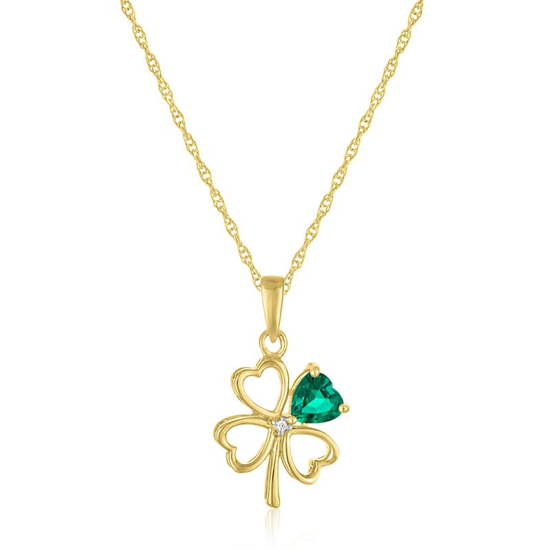 Lab-Created Emerald and Diamond Accent Clover Pendant in 10K Yellow Gold – Image 1 of 3