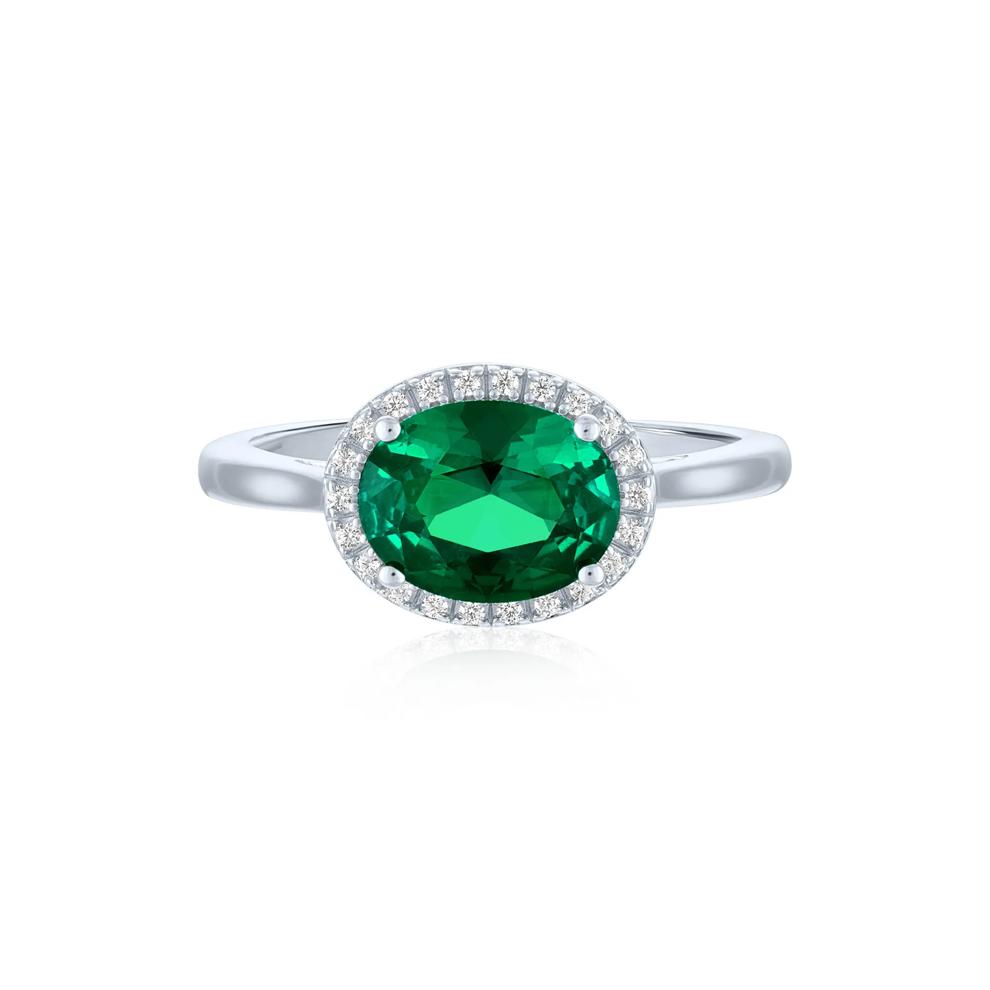 Lab-Created Emerald and Diamond Accent Halo Ring in Sterling Silver – Image 1 of 3