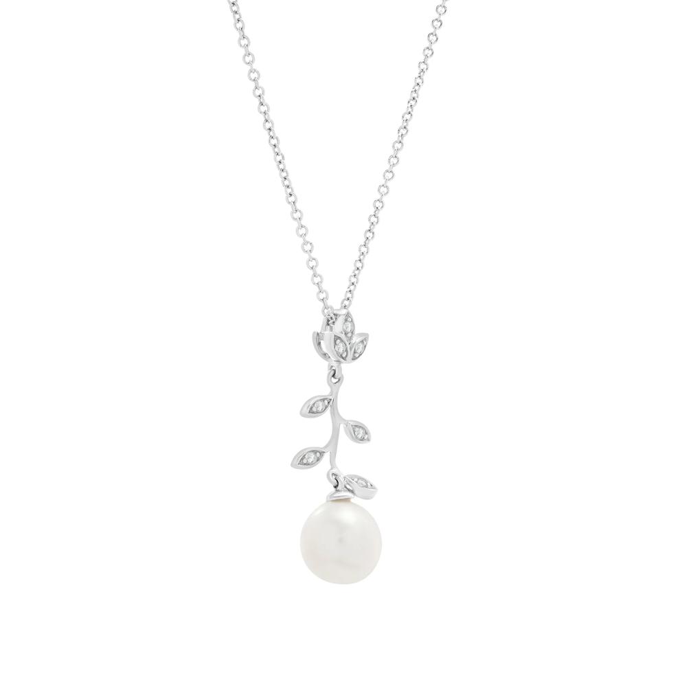Freshwater Cultured Pearl and Diamond Accent Leaf Drop Pendant in Sterling Silver – Image 3 of 4